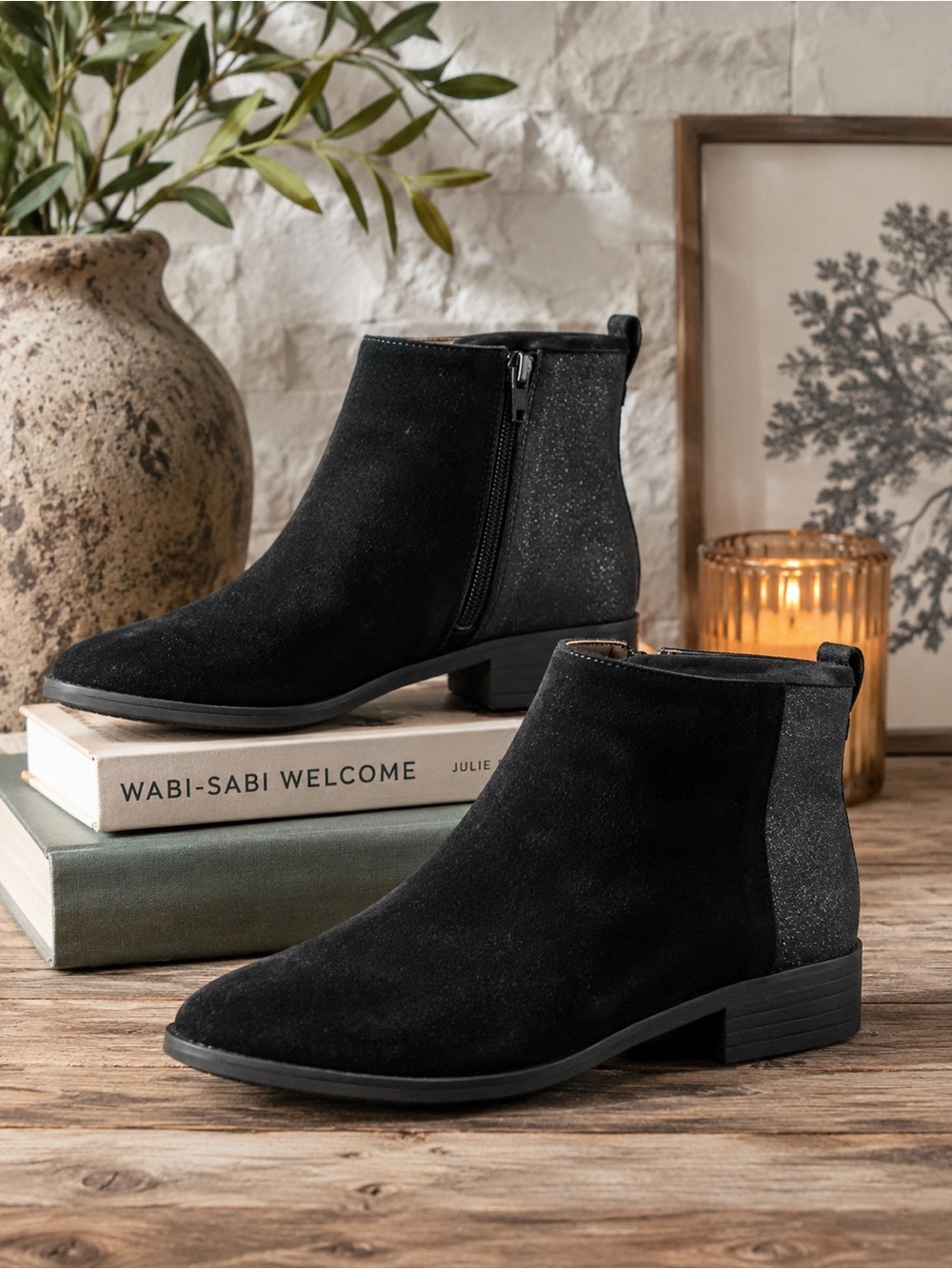 TOMS Deia Bootie Black Suede Glitter Ankle Boots Minimalist Side Zip Casual